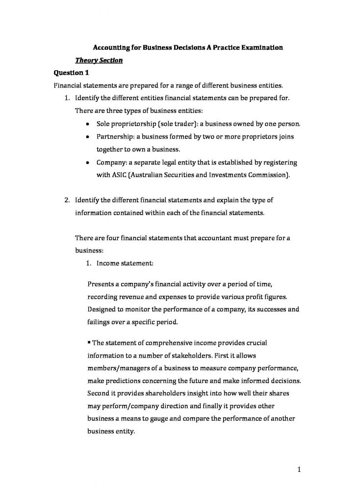 Accounting for Business Decisions A (22107) Practice Examination Q&A and Study Notes
