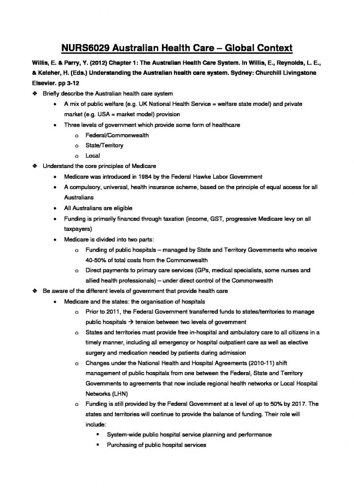 Australian Health Care – Global Context (NURS6029) summary notes