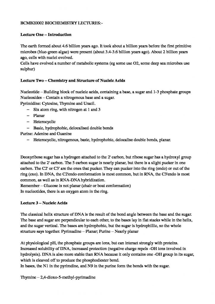 Biochemistry and Molecular Biology (BCMB20002) complete summary