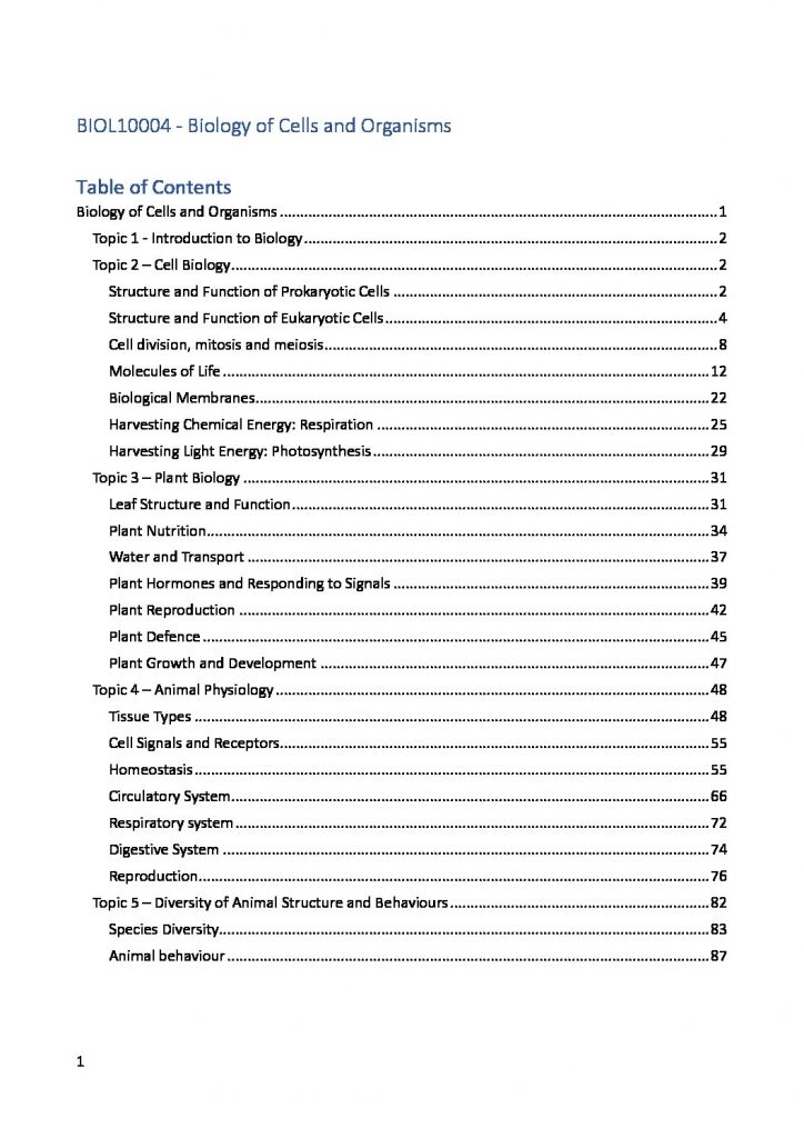 Biology of Cells and Organisms (BIOL10004) complete notes