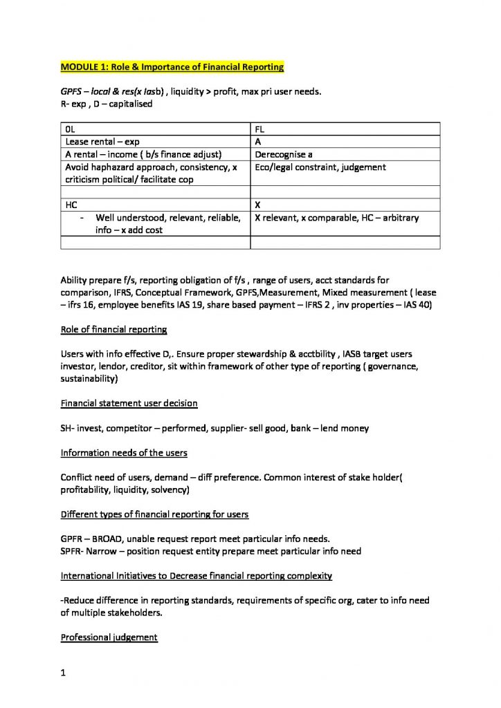 CPA Financial Reporting (FR) summarised notes with key points
