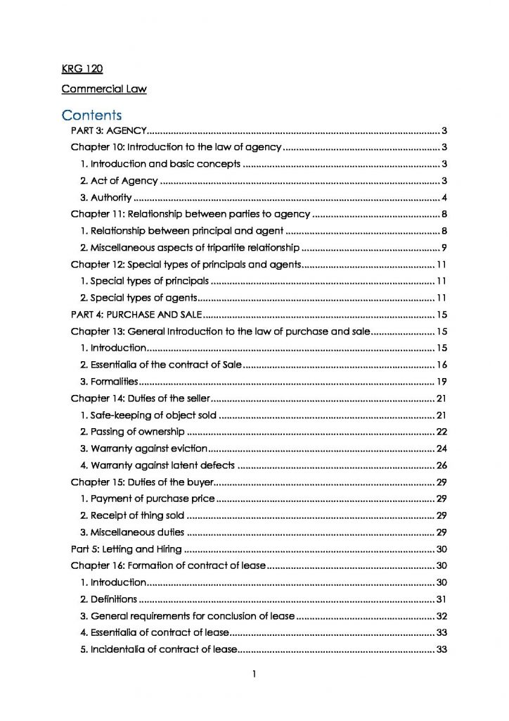 Commercial law 120 (KRG 120) textbook summary