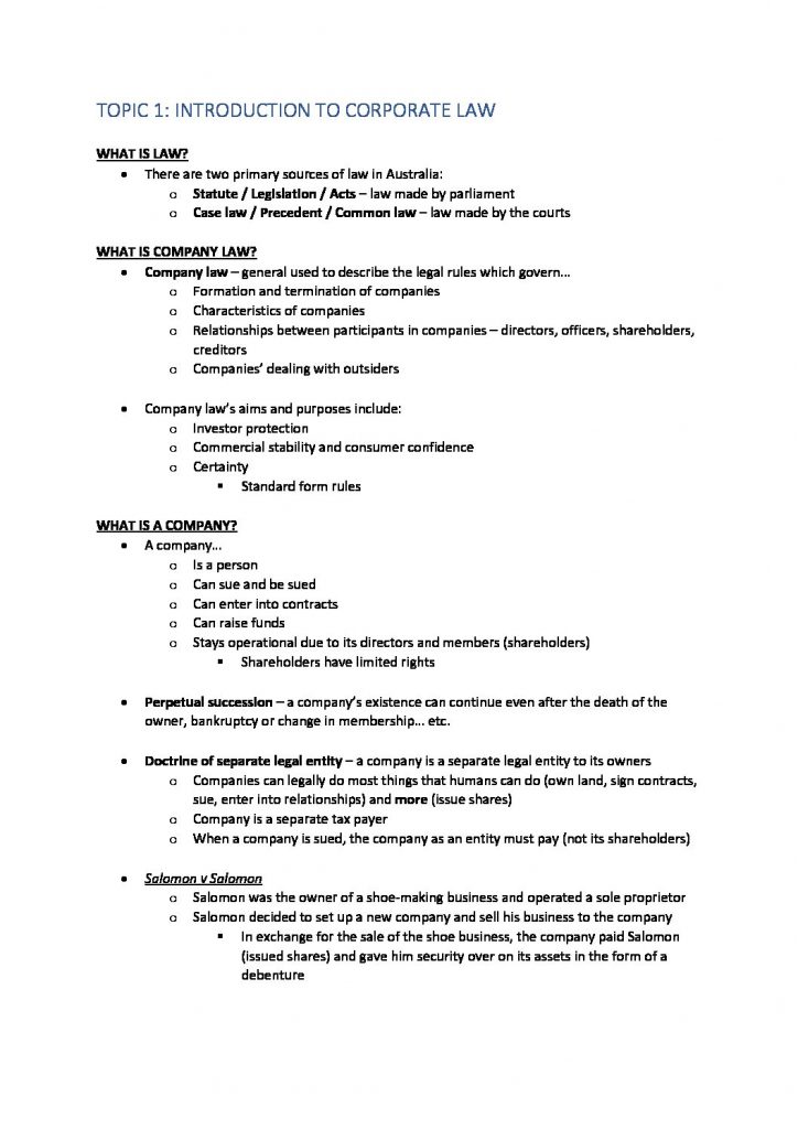 Corporate Law (BLAW20001) Notes – H1 Marks