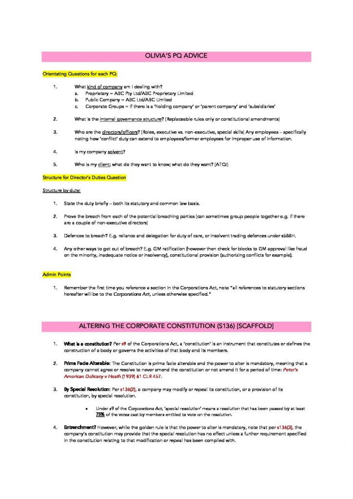Corporations Law (LAWS2014) final exam problem question answer guide