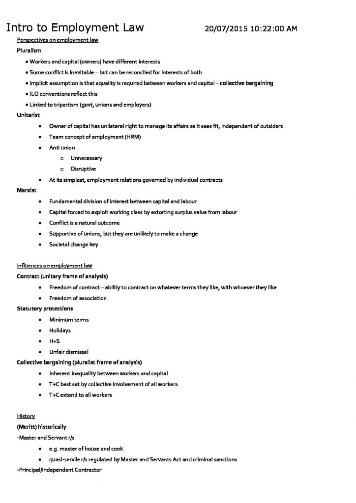 Employment Law (COMLAW 314) notes – Auckland Uni