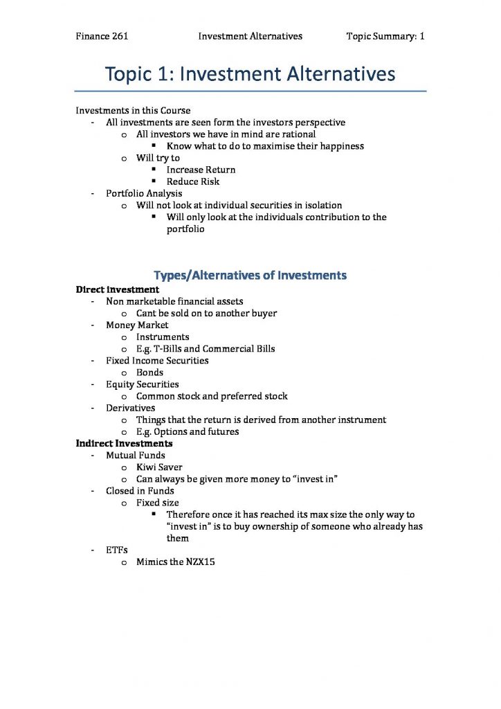 FINANCE 261 – Introduction to Investments full course notes