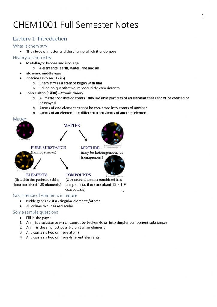 Fundamentals of Chemistry 1A (CHEM1011) full comprehensive notes