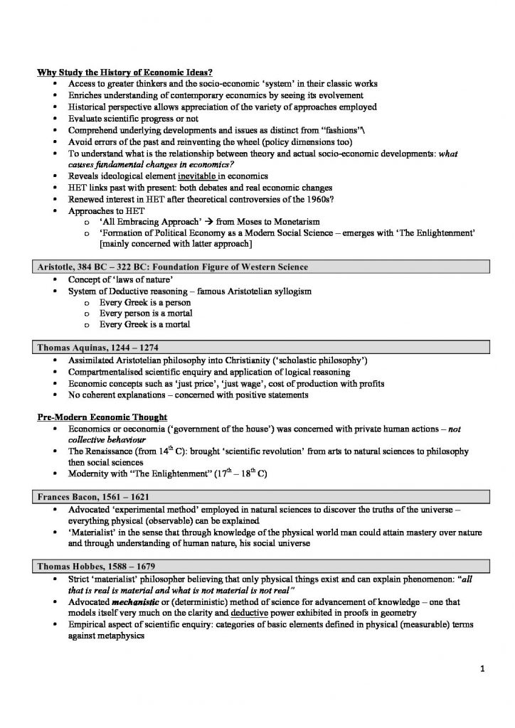 History of Economic Thought (ECOS3004) final exam revision
