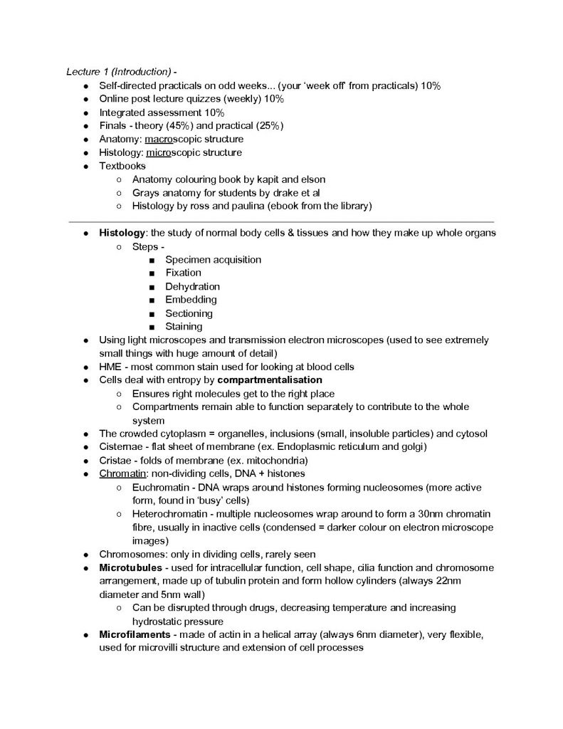 Human Anatomy and Histology (MEDS2005) histology notes