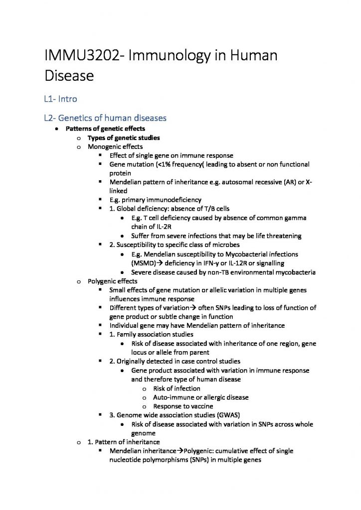 Immunology in Human Disease (IMMU3202) lecture notes