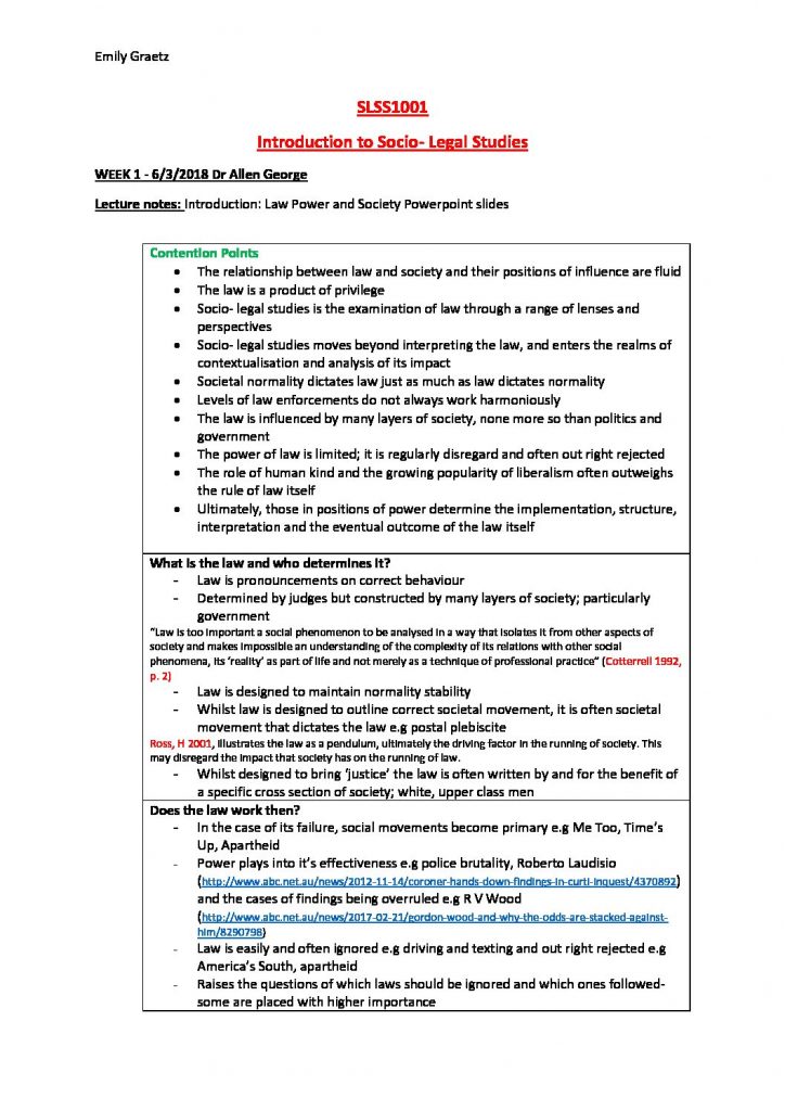 Introduction to Socio-Legal Studies (SLSS1001) HD summaries