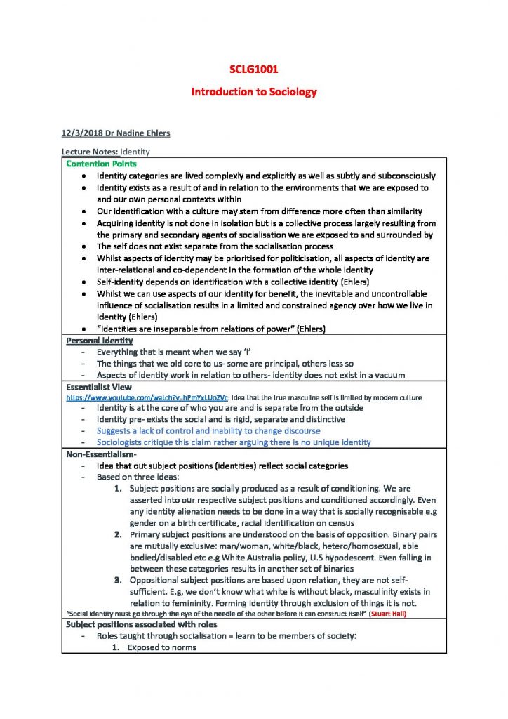 Introduction to Sociology 1 – SCLG1001 comprehensive summaries
