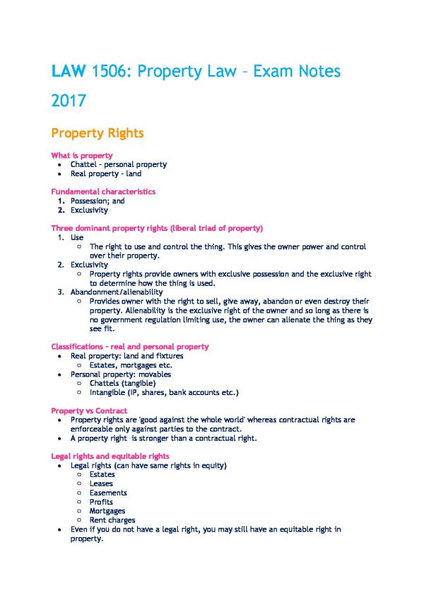 Study Materials for Property Law (LAW 1506) at University of Adelaide