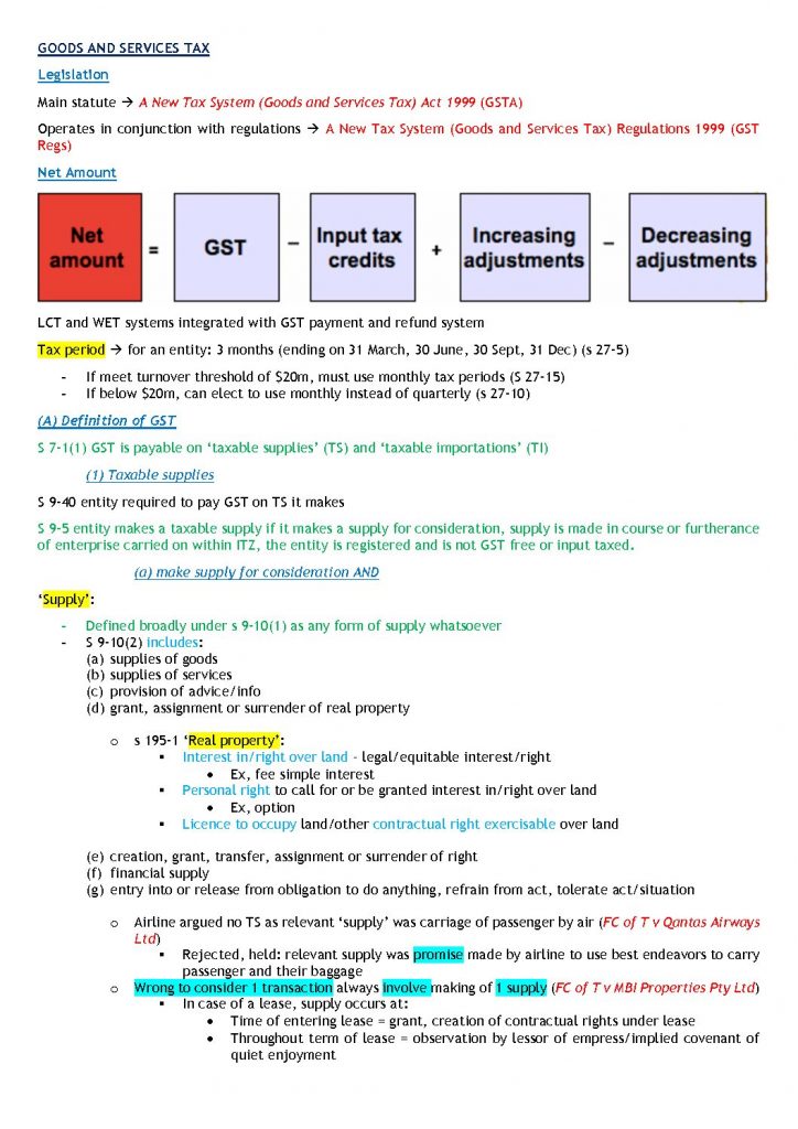 LAW4704 – Taxation Law skeleton notes HD