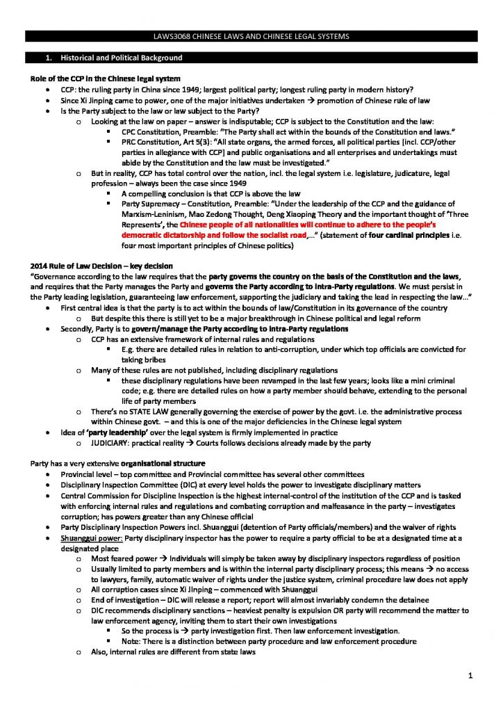 Chinese Laws and Chinese Legal Systems (LAWS3068 & LAWS5368) notes