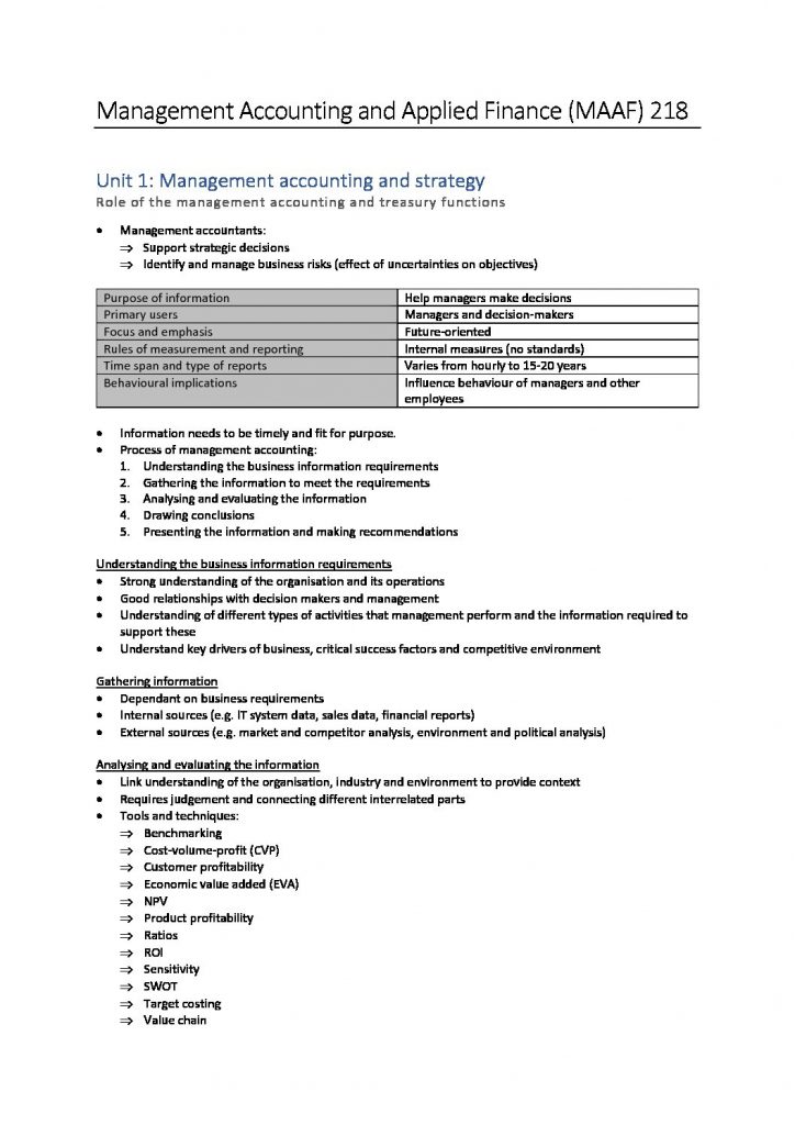 MAAF218 – CA Management Accounting and Applied Finance notes