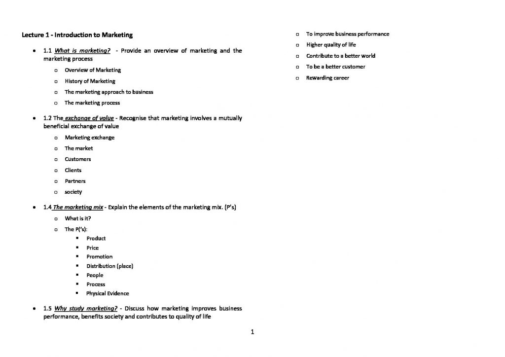 MKTG1001 – Marketing Fundamentals complete HQ notes