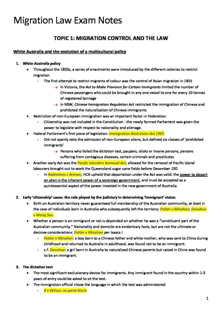 Migration, Refugees and Forced Migration (LAWS3499 & LAWS5199) exam notes