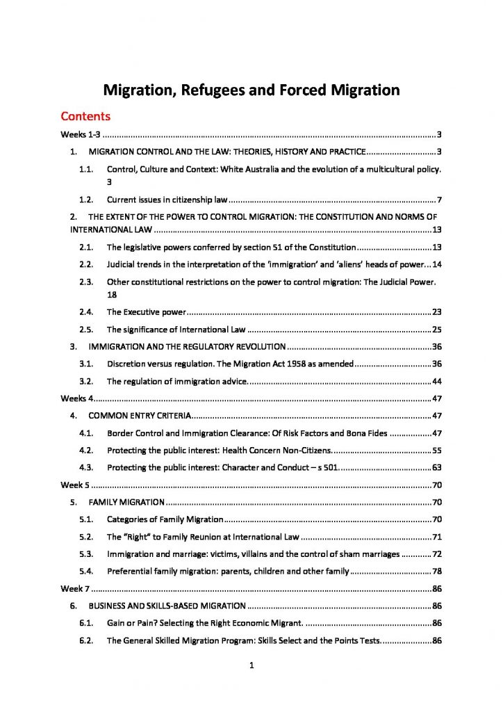 Migration, Refugees and Forced Migration (LAWS3499 & LAWS5199) lecture notes