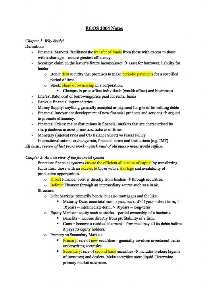 Money and Banking (ECOS2004) HD notes