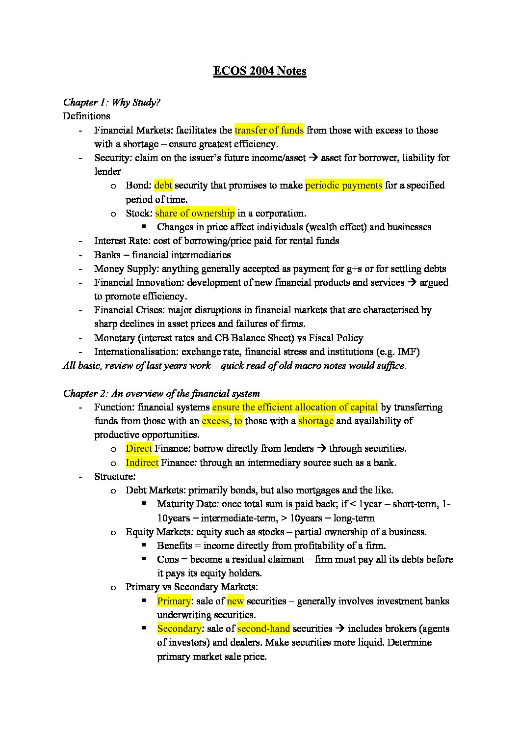 Notes for Money and Banking (ECOS2004) at University of Sydney (USYD