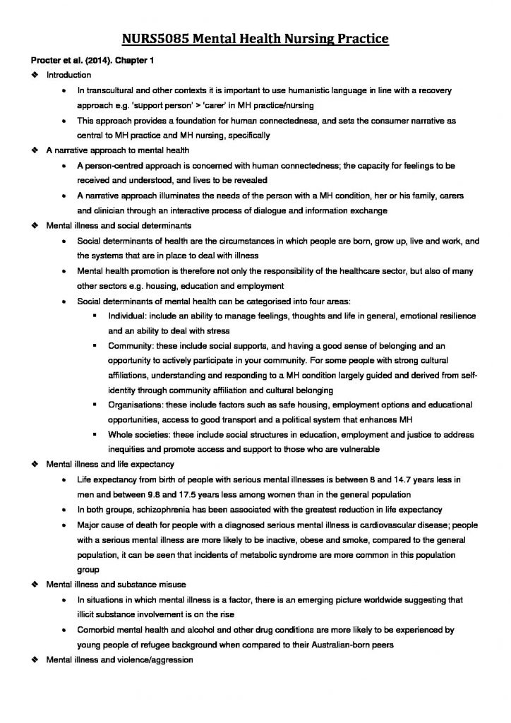 NURS5085 – Mental Health Nursing Practice course summary notes