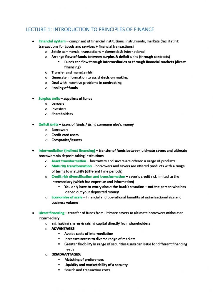 Principles of Finance (FNCE10002) lecture notes