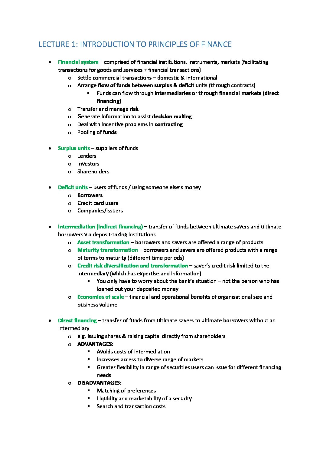 Notes for Principles of Finance (FNCE10002) at University of Melbourne ...