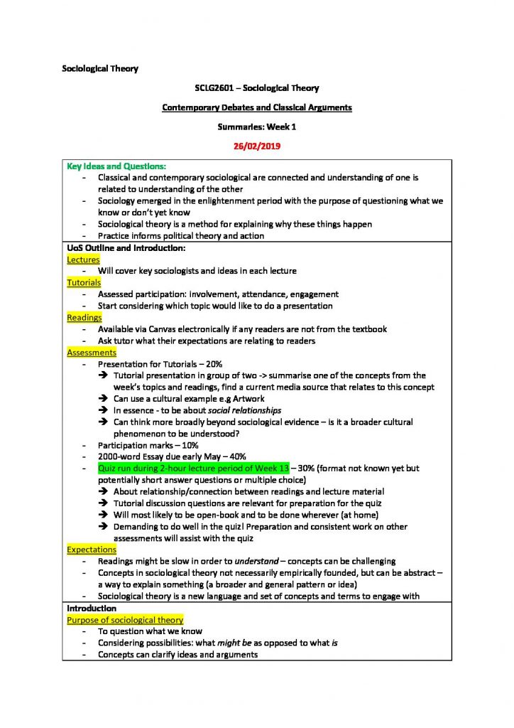 Sociological Theory (SCLG2601) complete summary HD notes