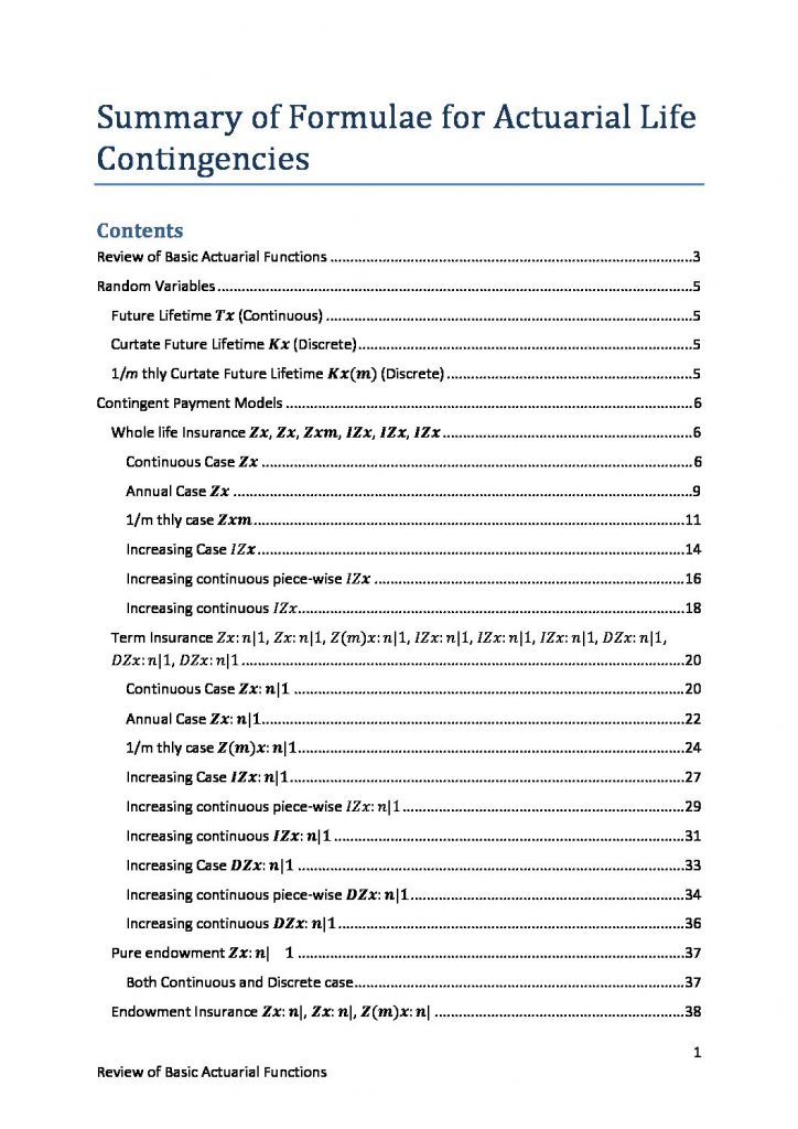 Summary of formulae of Contingencies & Life Contingencies (ACTL30003 & ACTL90005)