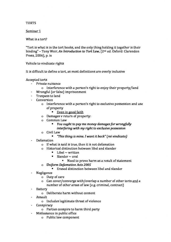 Torts (LAWS50025) Complete Notes – H1