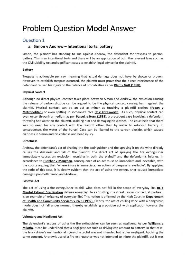 Torts (70311) Problem Questions model answers & Case summaries