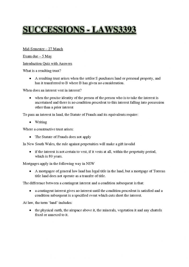 UNSW Succession (LAWS3393) Complete Notes