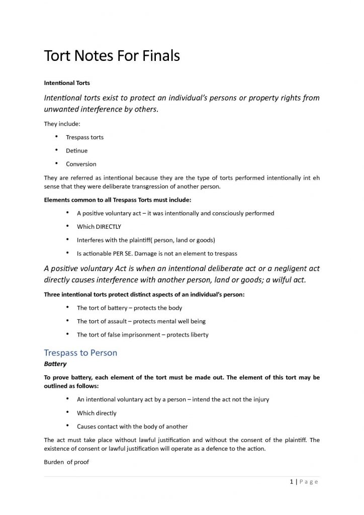 UTS Torts (70311 ) Complete Notes for Final Exam