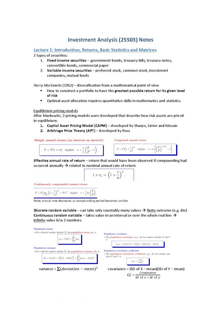 25503: Investment Analysis summarised full notes
