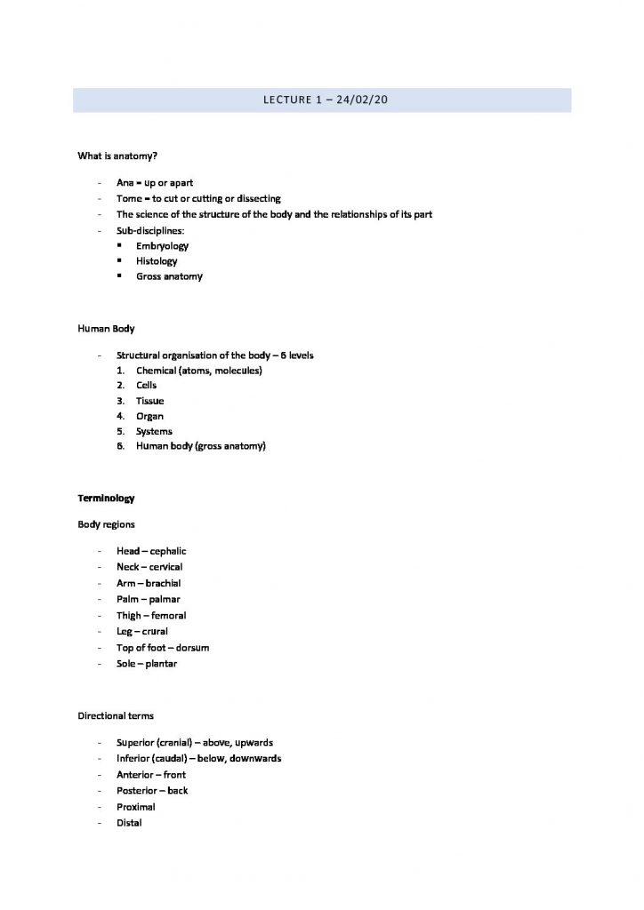 ANAT1001: Introduction to Anatomy full notes