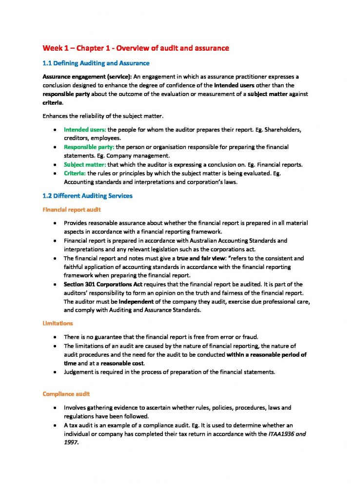 Auditing and Assurance (ACF3600 & ACC3600) textbook summary notes