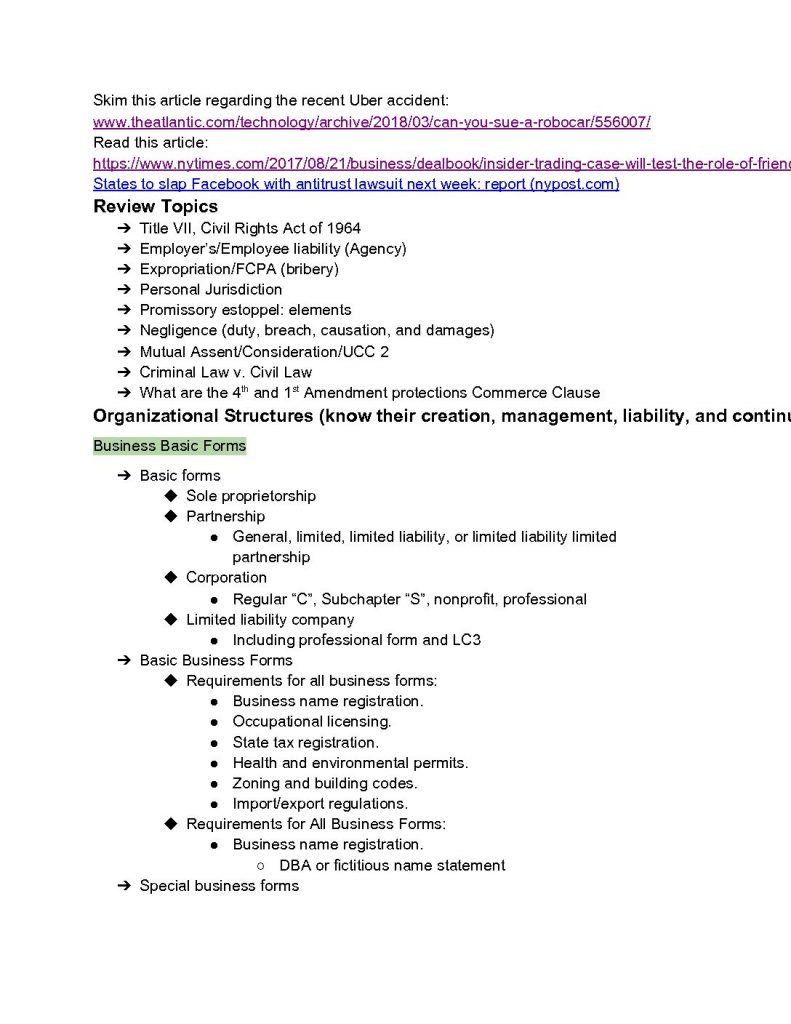 BAFN 231: Legal Environment of Business exam 3 study guide
