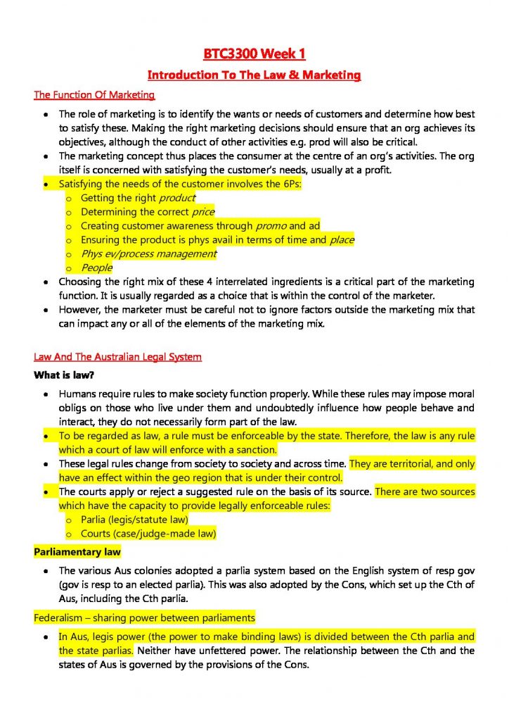 BTC3300: Marketing Law full comprehensive notes