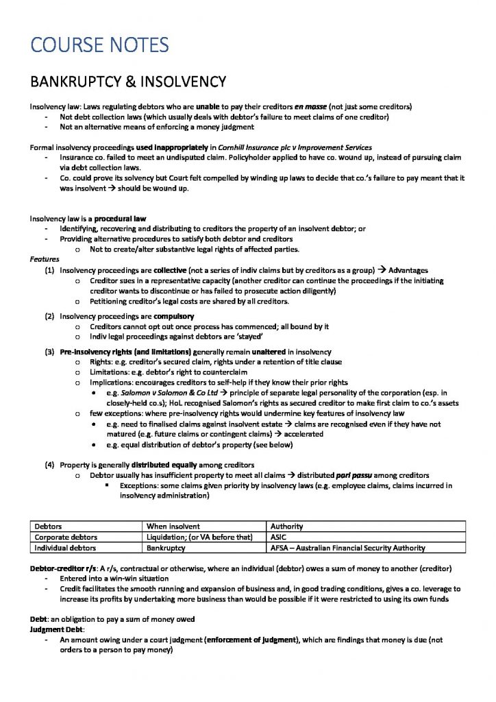 LAWS4282: Bankruptcy and Insolvency notes + Exam templates + Final exam answer