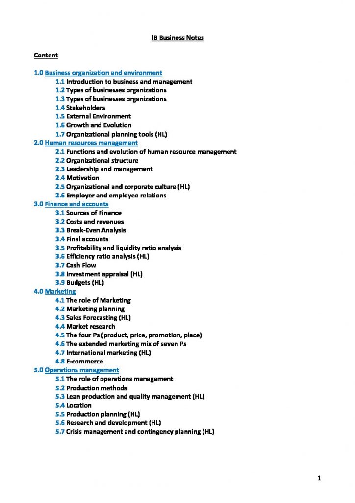 Business Management (SL & HL) textbook summary notes