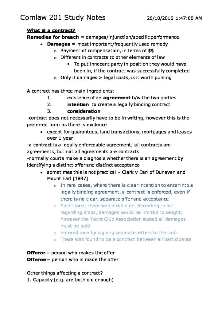 COMLAW 201: Commercial Contracts full course notes