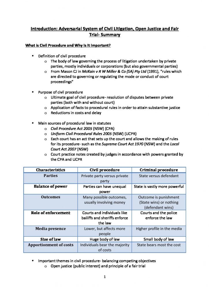 Civil and Criminal Procedure (LAWS5003 & LAWS1014) summary