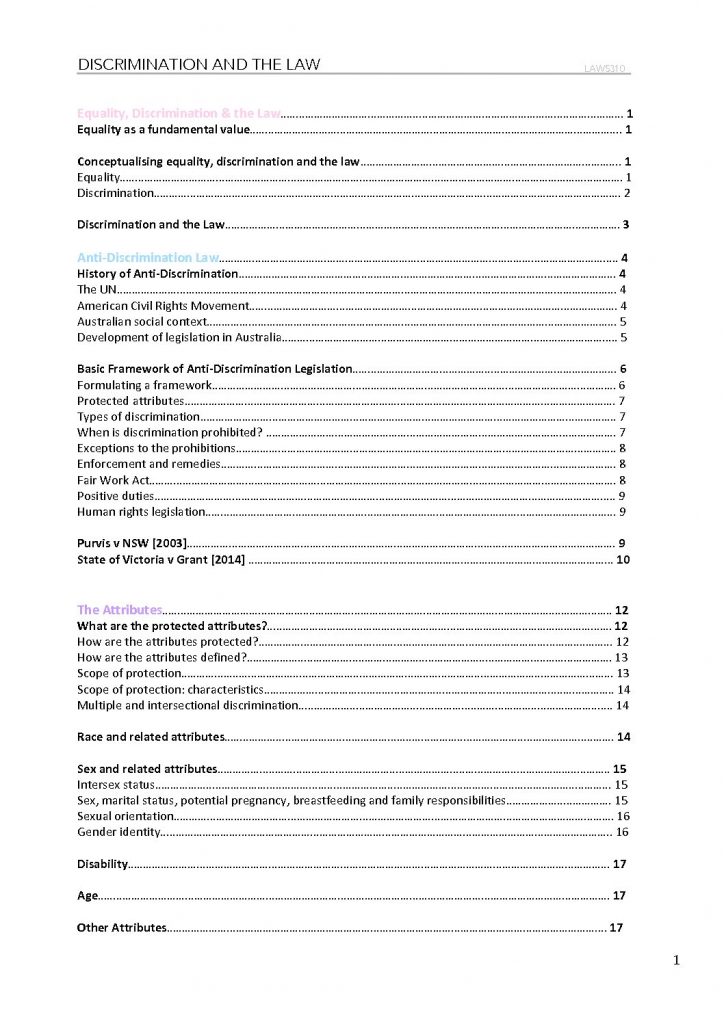Discrimination and the Law (LAWS310) exam notes