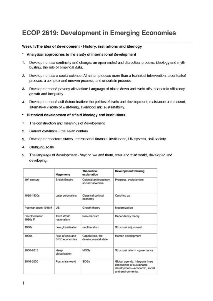 ECOP2619: Development in Emerging Economies notes