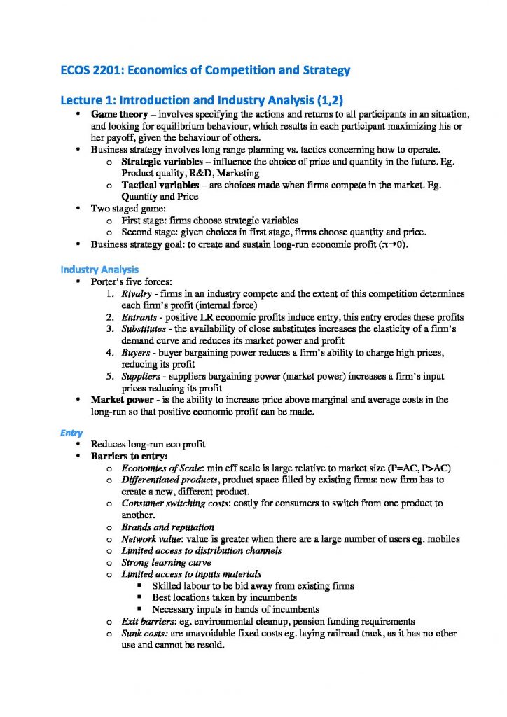ECOS2201: Economics of Competition and Strategy notes