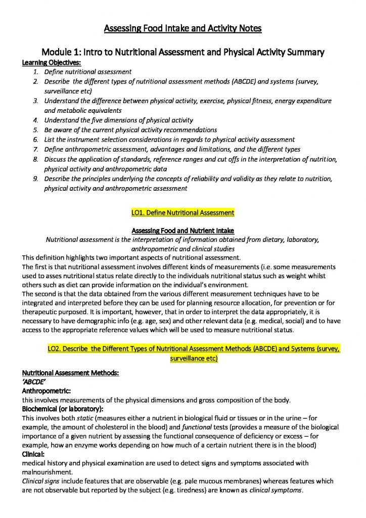 HSN305: Assessing Food Intake and Activity complete summary