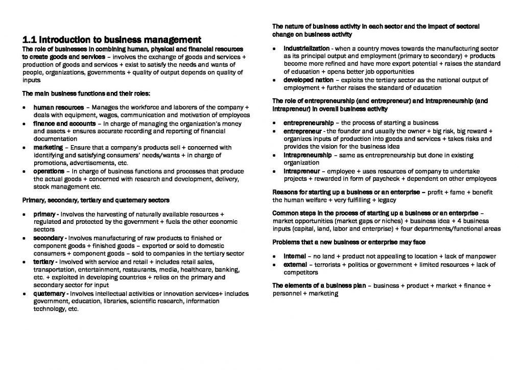 IB Business Management SL summary notes