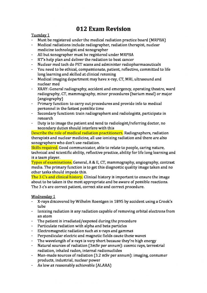 Introduction to Medical Radiations (CSB012) exam revision