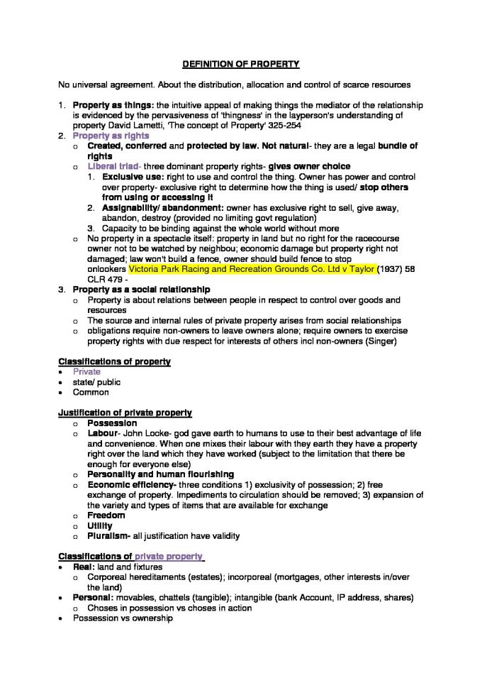 LAW 1506 Property Law summary notes StudyLast